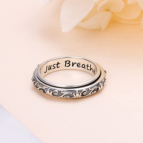 Ladytree Spinner Fidget Ring Sterling Silver Thumb Band for Women Anxiety Ring Platinum Plated Worry Stress Relief Just Breathe Boredom ADHD Autism Rings Boho Jewelry Gift - color: D-oxidized lotus