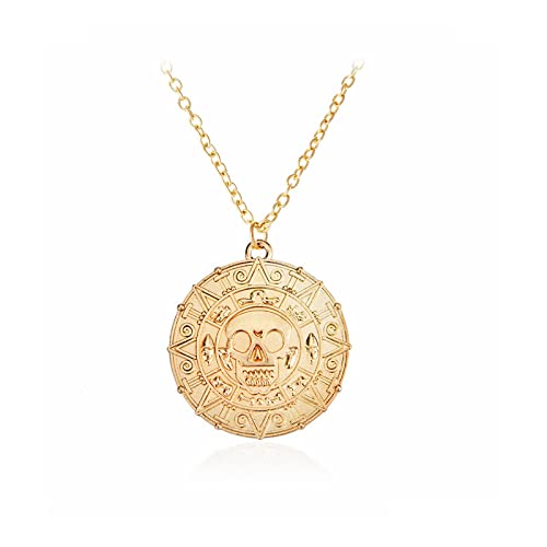 Round Gold Coin Skull Necklace Pendant Dress Accessory Movie Pirates of The Caribbean Medal Necklace Retro Jewelry (Gold