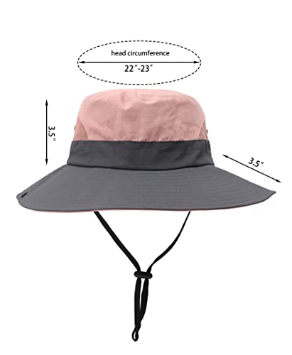 Womens Summer Sun Hat Beach Hat Wide Brim Outdoor UV Protection Hat Foldable Cool Mesh Ponytail Bucket Hat - color: Grey+pink