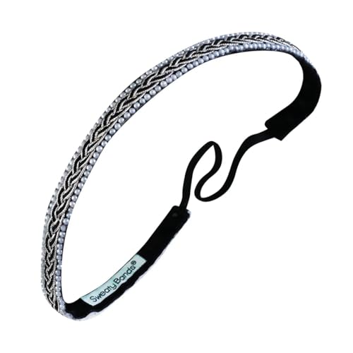 Sweaty Bands Womens Girls Headband for an Active Lifestyle - Non-Slip Grip Sweat-Wicking Velvet-Lined Braided Jeweled Hairband - Bling Twisted Black White