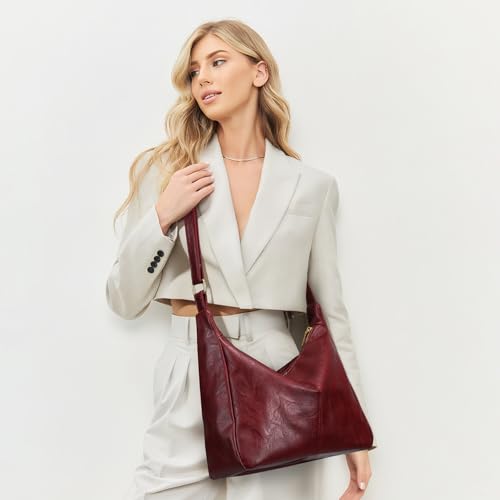 Brown Shoulder Bag for Women,Brown Leather Purse Slouchy Hobo Bags Everyday Purse Daily Commuting Bag with Zipper - color: Red