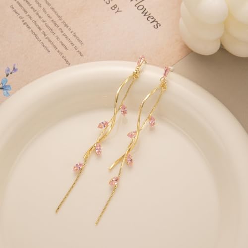 Temperament Long Zircon Tassel Earrings for Women Charm Jewelry Sparkling Crystal Leaves Twist Dangle Earrings for Friends - color: Gold-Pink Leaves