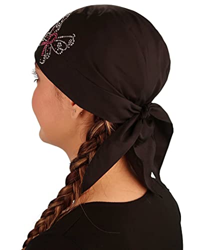 Sparkling EARTH - American Made Skull Caps Doo Rags Do Rag Durag Headwrap Head Wraps Skullies - Made in The USA! - color: Pink Ribbon Butterfly Rhinestud on Black Cap