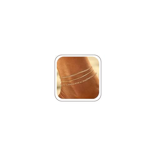Ritach Ankle Bracelets for Women - Silver/Gold Plated Stainless Steel Anklets for Women Waterproof Layered Cuban Link Figaro Chain Heart Anklets Set Summer Beach Jewelry Gifts - color: Gold- Paperclip & Cuban & Box Chain