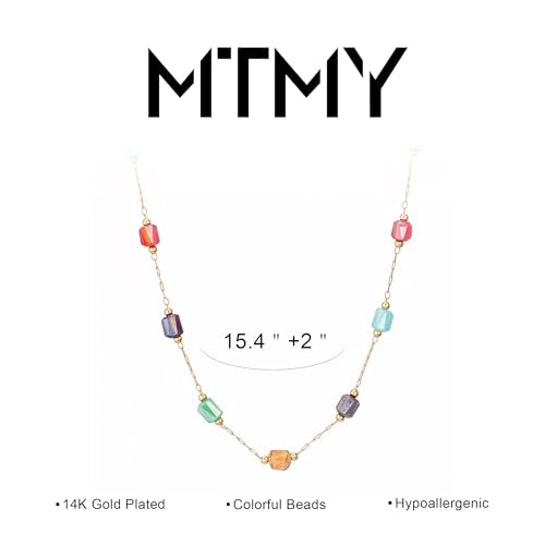MTMY Beaded Necklaces for Women 14K Gold Plated Dainty Colorful Green/Rose Beaded Pearl Choker Necklace Delicate Boho Choker Necklace Jewelry Gift - style: mixed color cube
