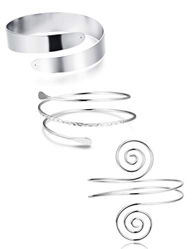 FUNRUN JEWELRY Arm Cuff Upper Arm Band for Women Gold Arm Cuff Bangle Bracelets Adjustable Coil Swirl Armlet ArmBand Jewelry,3-4Pcs - color: A:Silver tone
