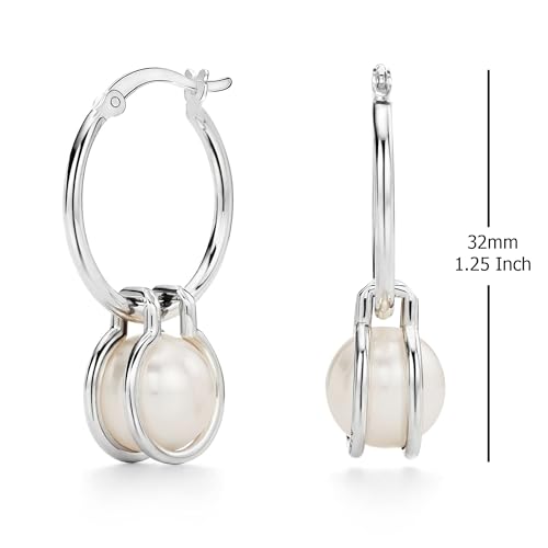 LeCalla 925 Sterling Silver Beaded Ball Hoop Earrings | Lightweight Sleeper Bead Ball Earring Hoops | Cape Style Hoop Earrings for Women - color: Freshwater Pearl Classic