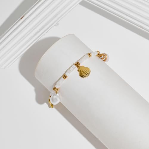 Gold Charm Bracelet for Women Boho Adjustable Shell Starfish Bracelet Summer Beach Ocean Statement Bracelets - color: White bead bracelet
