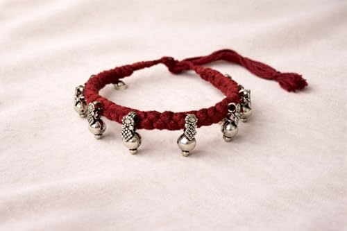 athizay Boho Charm Thread Choker Necklace – Braided Bohemian Choker with Oxidized Silver Dangle Charms | Handmade Boho Jewelry for Women - color: Maroon, Silver
