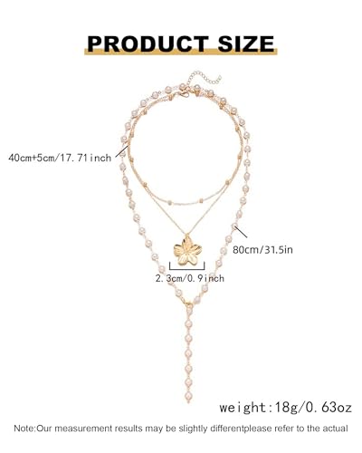 Layered Gold Flower Shell Pearl Necklaces for Women Long Pearl Y-Shaped Necklace Trendy Gold Flower Shell Pendant Necklace Dainty Pearls Choker Summer Jewelry Accessories Gift - color: A2:gold layered necklaces