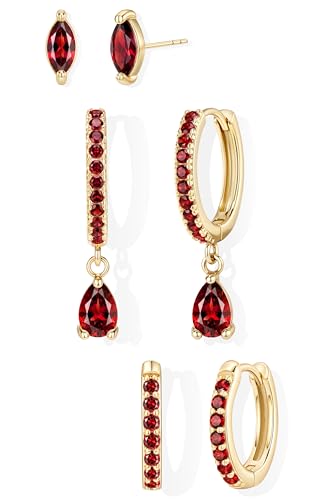 14K Gold Plated Small Huggie Hoop Earrings Set for Women, Hypoallergenic Dainty Sterling Silver Dangle Studs for Cartilage Helix, Lightweight Trendy Cute Stack Birthstone Jewelry Gift - color: 07_Ruby_Jul_Gold