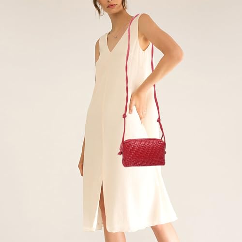 Woven Crossbody Bags for Women Handwoven Purses Vegan Leather Small Handbag Handmade Shoulderbag | Lightweight - color: Red