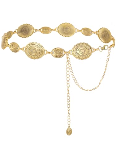 FIORETTO Western Waist Chain Belt Metal Concho Belt for Women Cowgirl Cowboy Boho Country Belt for Dress Jean - color: Gold-94, size: Fit Waist Up to 46"