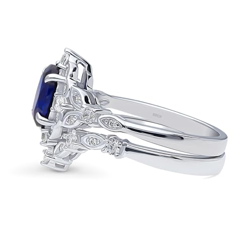 BERRICLE Sterling Silver CZ Halo Wedding Engagement Rings for Women, Oval Cut Cubic Zirconia, 1-3 Piece Sets, Pink/Blue/Clear - style: 2 Piece Set, Sapphire