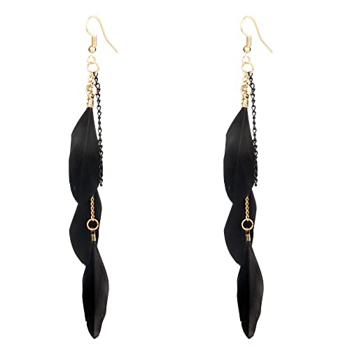 coadipress Boho Piercing Tassel Feather Long Chain Earrings Retro Lightweight Native Feather Dangle Drop Earrings for Women Bohemian Handmade Natural Feathers Earring Jewelry - color: Black