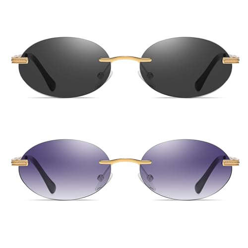 Retro Oval Sunglasses Rimless Small Round Glasses Frameless UV400 Men Women Fashion Shades - color: 2pack (Black + Gradient Grey)