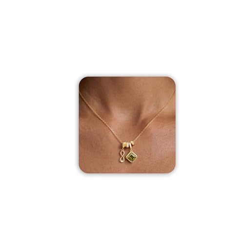 Freekiss Gold Pendant Necklace for Women, Dainty Diamond Necklaces for Women Simple 14K Gold Plated Paperclip Choker Necklaces Cute Minimalist Open Oval Necklaces Gold Jewelry for Women Gifts - color: Gold, style: Number 8 - Peridot Green Rhombus