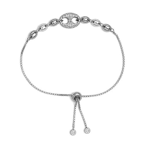 LeCalla Pure 925 Sterling Silver Italian Paperclip Link Chain Bracelets | Gold Over Silver Paper-Clip Link Station Bracelet | Sliding Bolo Bracelet for Women - color: CZ Mariner Link