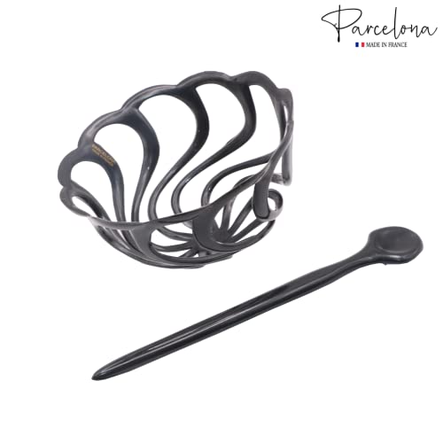 Parcelona French Swirls Large 3.5" Cellulose Acetate Bun Cover with Stick Ponytail Chignon Durable Fashion Women Hair Accessories Non Slip Hair Clip for Girls, Made in France(Black)