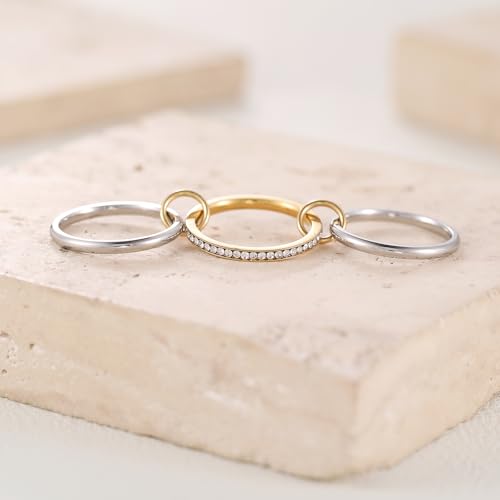 Gold/Silver Interlocked Rings For Women Dainty Stainless Steel Cubic Zirconia Stackable Statement Rings Two-toned Connected Bands Rings Non Tarnish (size 6-10) - color: R-CZ-Silver gold silver ring