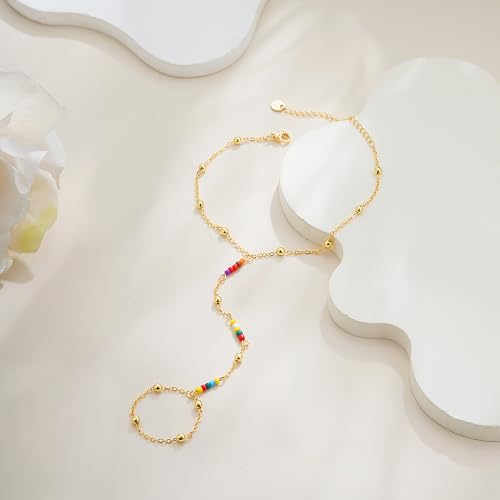 Hand Chain Bracelets for Women - 14K Real Gold Plated Dainty Stackable Paperclip Link Bracelets Hand Chain Bracelet Ring Gold Bracelets for Women Trendy - color: Colorful Beaded Hand Chain
