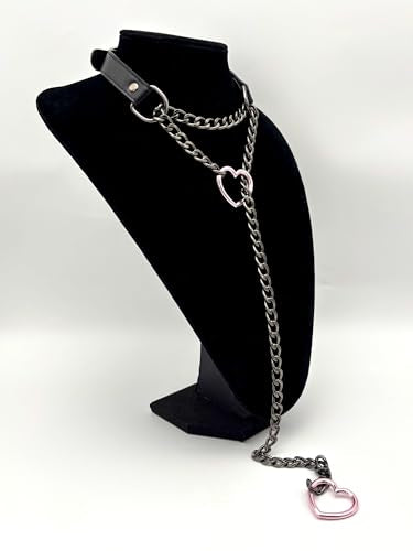Black Leather Choker Collar For Women, Handmade Heart Slip Chain Choker Long Necklace with Adjustable Buckle - color: B-Black-Black-Pink, size: 24''chain