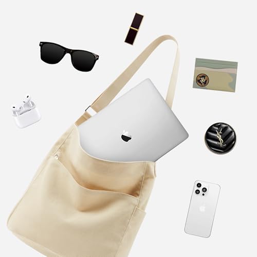 KALIDI Canvas Tote Bag Large Hobo Crossbody Shoulder Handbag Zipper Messenger Bag for Women or Men Casual College Work - color: Beige