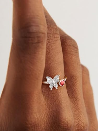 Bestyle 925 Sterling Silver Butterfly Ring Hypoallergnic Adjustable Birthstone Rings for Women Butterfly Jewelry Gifts for Anniversary Mothers' Day Birthday - color: 07.July(Ruby)-Ring Delicate