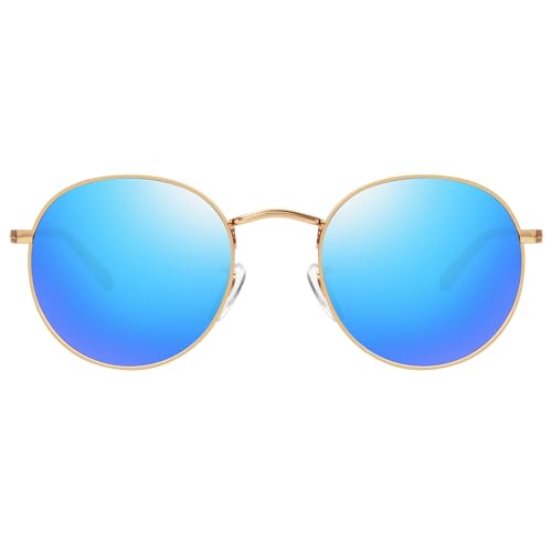 MEETSUN Round Polarized Sunglasses for Women Men Classic Retro Metal Frame Sun Glasses UV Protection - color: Gold/Blue