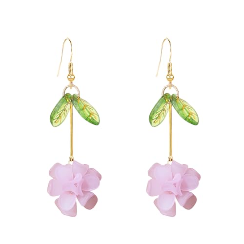 Resin Flower Cluster Ball Dangle Drop Earrings for Women Spring Summer Bohemian Floral Petal with Green Leaf Earrings Vacation Party Jewelry - color: Pink