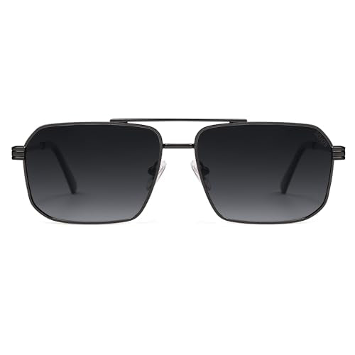 SOJOS Retro Polarized Square Sunglasses for Women Men Vintage Large Double Bridge UV Protection Metal Sun Glasses SJ1246 - color: Gun Black/Grey Grading
