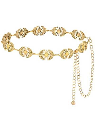 AWAYTR Chain Belt for Women – Adjustable Boho Metal Waist Chain Belt Gold Sliver for Dresses Jeans Country Concert Outfit - color: Gold-sun & Moon