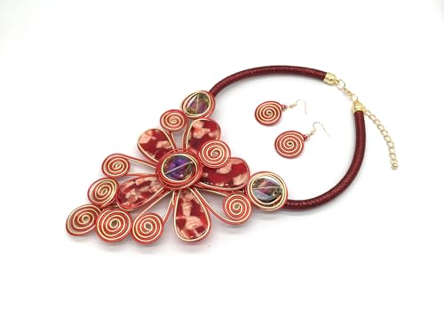 Statement African Necklace For Women African Jewelry Costume Earring Sets Tribal Fashion Colorful Big Rhinestone Crystal Pendent Collar Choker Bold Chunky Bib Handmade - color: E red