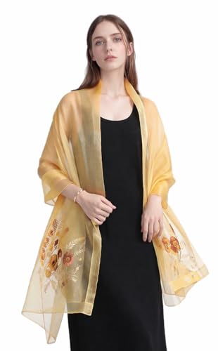 Jeelow Silk Blend Floral Fashion Scarf Shawl Wrap Lightweight Sheer For Women Floral Embroidery Wedding Party Prom - color: Petal Golden Honey