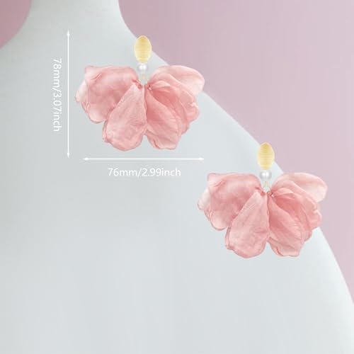 Handmade Fabric Flower Petal Fringe Dangle Drop Earrings Bohemian Floral Tassel Stud Earrings For Women - color: Meat Pink
