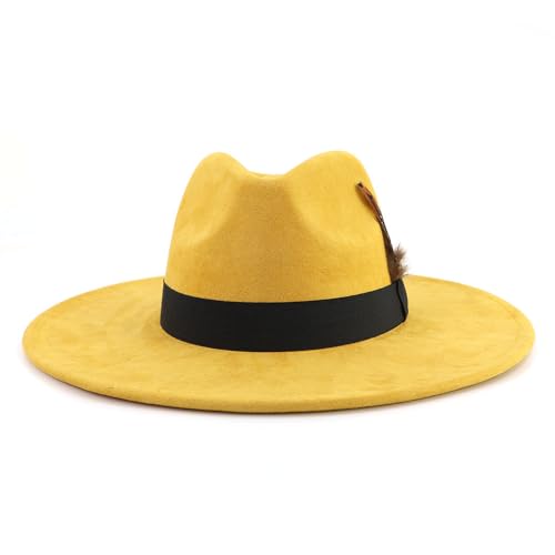 LIDHAY Big Wide Brim Fedora Hats for Women Men Western Suede Hat Panama Hat Outdoor Hats - color: Yellow