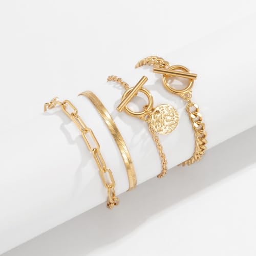 Alegend Titanium Steel (Not Rust, Resist Corruption, Easily Clean) 18K Gold Plated Single Bracelets + 14K Gold Plated Stackable Multilayer Bracelets - style: 14K Gold Plated Four-Layered B