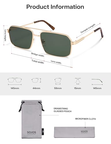 SOJOS Retro Polarized Square Sunglasses for Women Men Vintage Large Double Bridge UV Protection Metal Sun Glasses SJ1246 - color: Gold/Dark Green