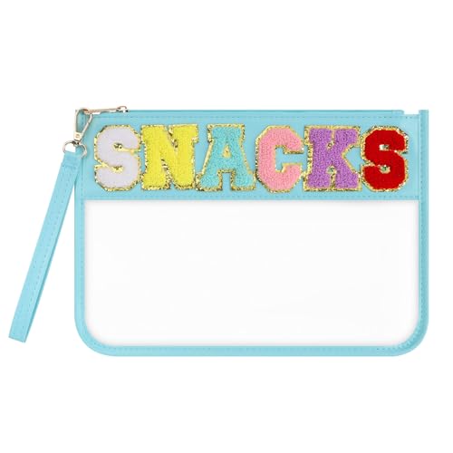 Clear Snack Bag for Travel, Chenille Letter Clear Zipper Snacks Pouch Nylon Cosmetic Bag Makeup Travel Bag for Women - color: Blue