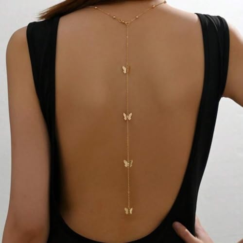 Rhinestone Back Chain Necklace for Women Bridal Wedding Sexy Rhinestone Backdrop Chain Waist Belly Chains Trendy Body Chains Jewelry - style: D-GoldC