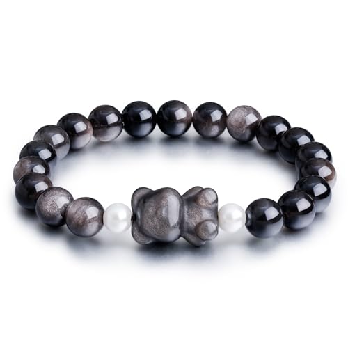 Beaded Bracelets for Women, Black Obsidian Money Attraction Bracelet, 8mm Healing Relax Anxiety Luck Crystal Bead Bracelets, Adjustable Jewelry Feng Shui Stretch Bracelet Cat Lover Gifts for Women Men - color: Black Bear