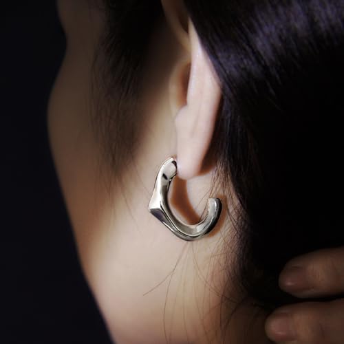 RENAIZ Bold Statement Hoop & Stud Earrings for Women – 14K Gold & Rhodium Plated Maximalist Jewelry, Chunky Geometric Boho Earrings, Hypoallergenic Non-Tarnish Trendy Gift - color: White Gold, style: Abstract