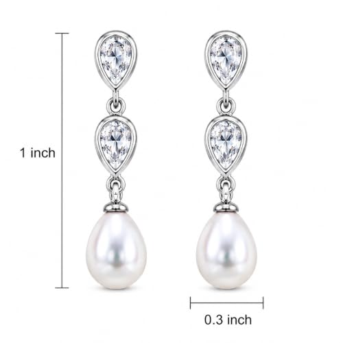 Pearl Earrings for Women, 14k Gold Plated Trendy Diamond Pearl Drop Earrings Hypoallergenic Dainty Bridal Gifts Wedding jewelry for Women - color: E—Silver
