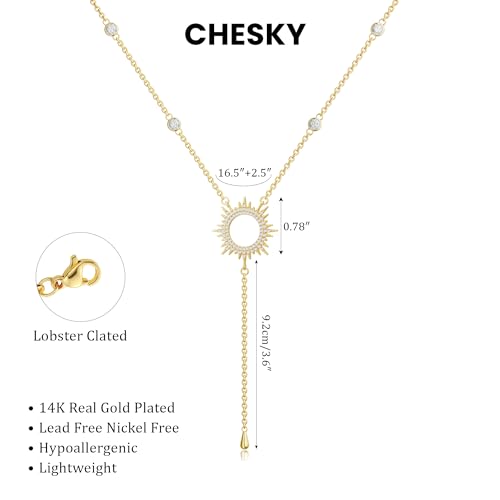 CHESKY Long Necklaces for Women, 14k Gold Plated/Streling Silver Lariat Necklace Dainty Statement Prom Necklace Rosary Cross Sun Drop Pendant Dangle Necklace Gold Prom Jewelry for Women Gifts - style: y necklace 06