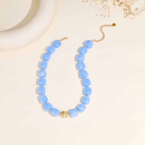 Colorful Chunky Necklaces for Women Multicolored Large Square Acrylic Beads Necklace Trendy Bold Statement Beaded Necklace Summer Vacation Choker Jewelry - color: Sky-blue