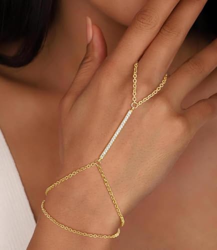 Gold Bracelets for Women Trendy, Dainty Gold Hand Chain Bracelets Stackable 14k Gold Plated Finger Ring Bracelet Hand Chain Cz Flower Layered Link Bracelets for Women Non Tarnish Jewelry Gifts - style: cz layered hand chain bracelet-gold