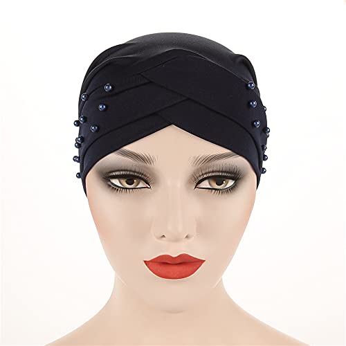 Women Beaded Silky Beanie, Pre-Tied Turban Head Wrap Cap for Chemo Chemical Cancer Hair Loss Cover Hat - color: Navy