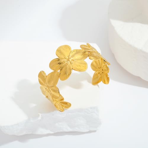 WOWORAMA Chunky Gold Cuff Bracelets for Women Vintage Gold Flower Butterfly Bracelet Trendy Boho Wide Open Cuff Bangles Matte Statement Bracelet - color: Daisy Flower