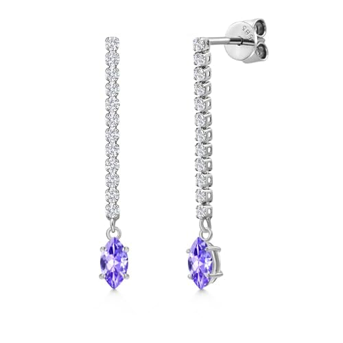Gem Stone King 14K White Gold Gemstone Birthstone and White Lab Grown Diamond Long Liner Dangle Earrings for Women | Marquise 6X3MM | White Gold Chain Drop Earrings - style: Tanzanite, December