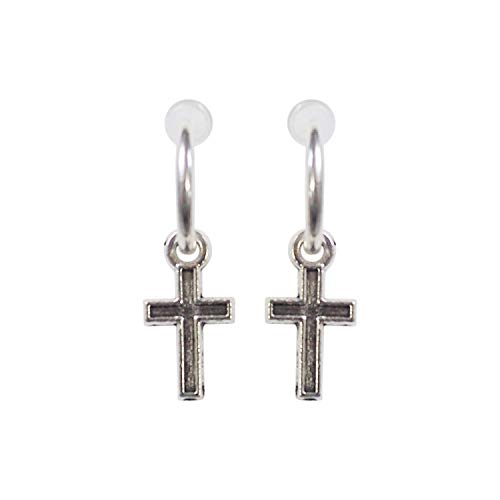Silver Small for Women Comfortable Plastic Invisible Clip On Hoop Earrings Men Fake Nose Ring Faux Lip Septum Ring Fake Cartilage Earrings 12 mm Spike Cross Feather 15mm Unisex Gold Non Piercing Lobes - color: Small Cross